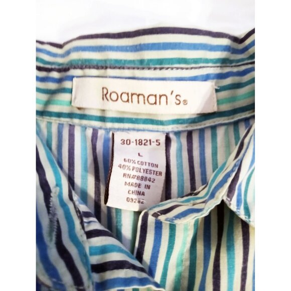 Button-Up Shirt Roamans Womens Green Blue Striped Size Large RN88842 Long Sleeve - Picture 2 of 13